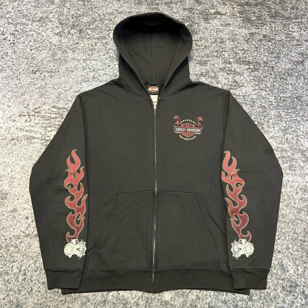 Harley Davidson Zip Up Hoodie Flame Sleeves Mens Large Black Biker Sweatshirt